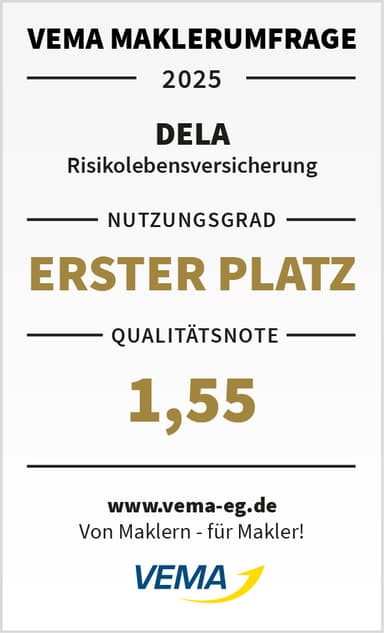 VEMA Maklerumfrage 2025 — DELA Risikoleben Erster Platz Nutzungsgrad Qualität 1,55